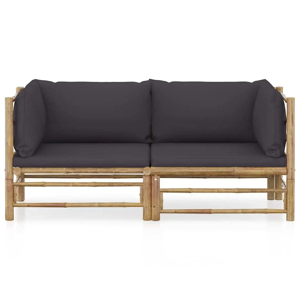 2 Piece Bamboo Garden Lounge Set Outdoor Furniture with Thickly Padded Dark Grey Cushions