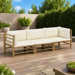 Outdoor Garden Lounge Set 3 Piece Bamboo Furniture Cream White Cushions Modular