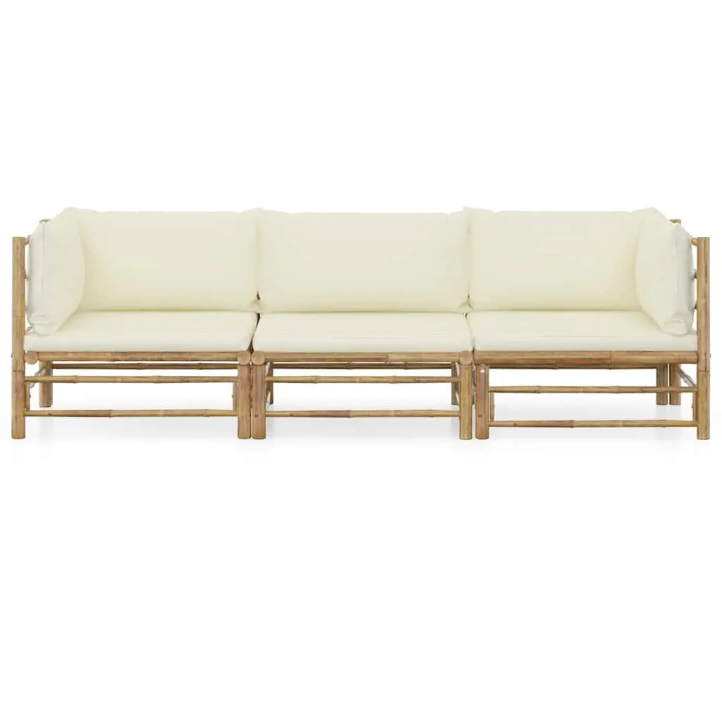 Bamboo Lounge Set Outdoor Modular 3 Piece Cream White Cushions Garden Furniture