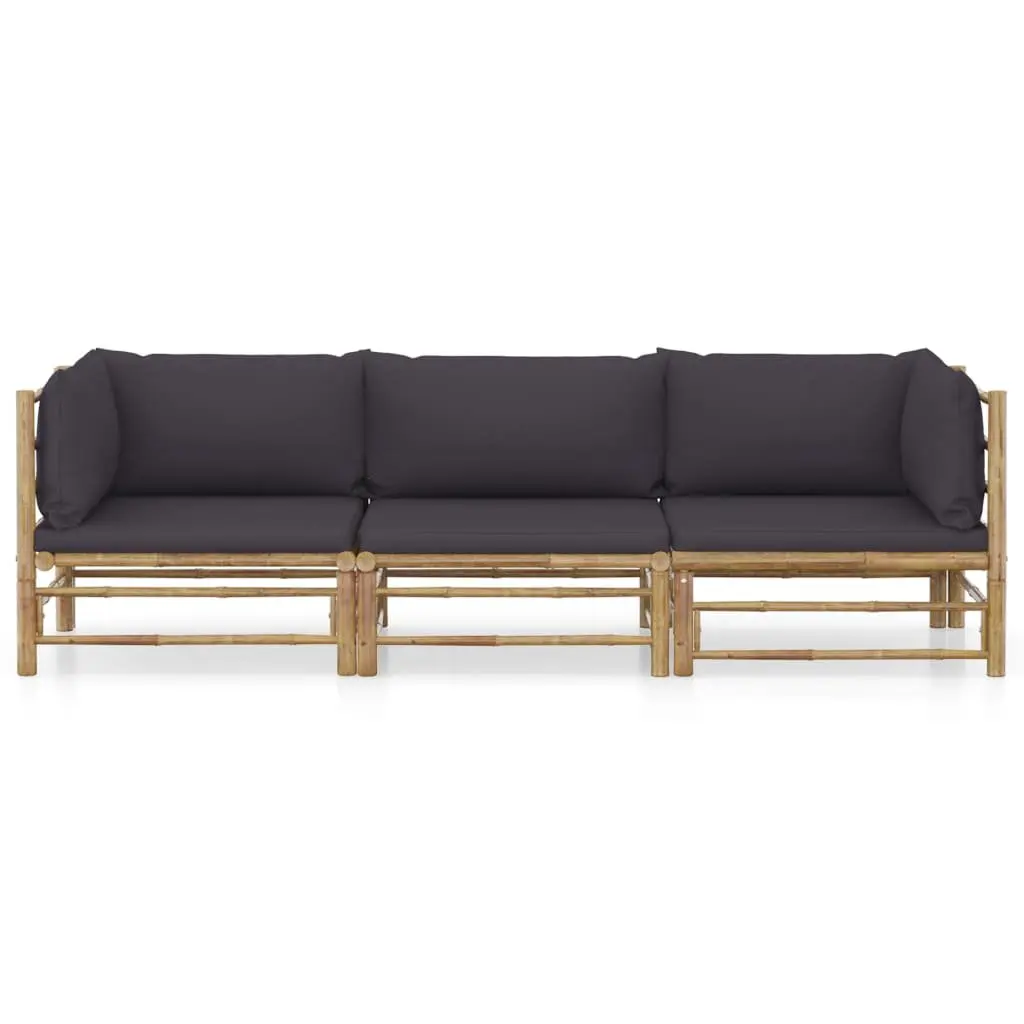 Bamboo Garden Lounge Set Modular 3 Piece with Thickly Padded Dark Grey Cushions
