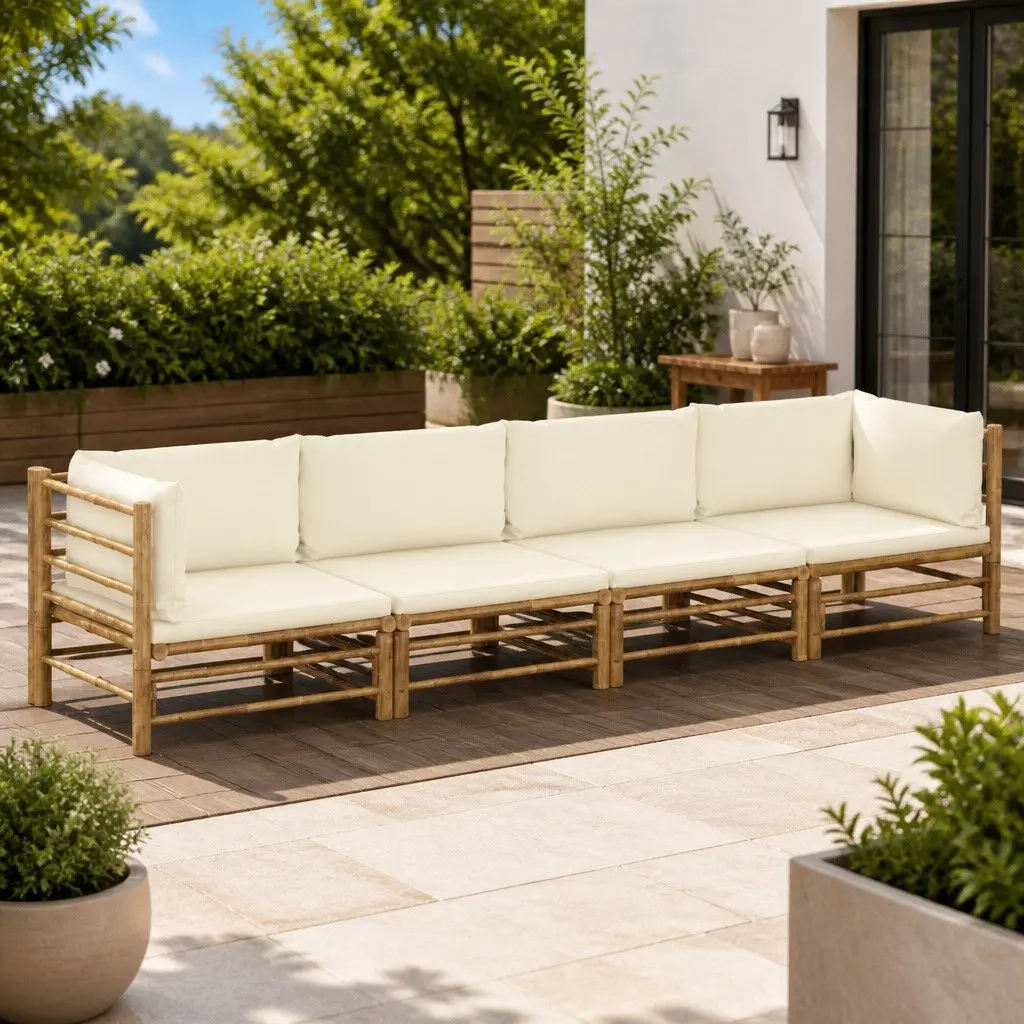 Garden Lounge Set Bamboo Modular Outdoor Furniture 4 Piece with Cushions White