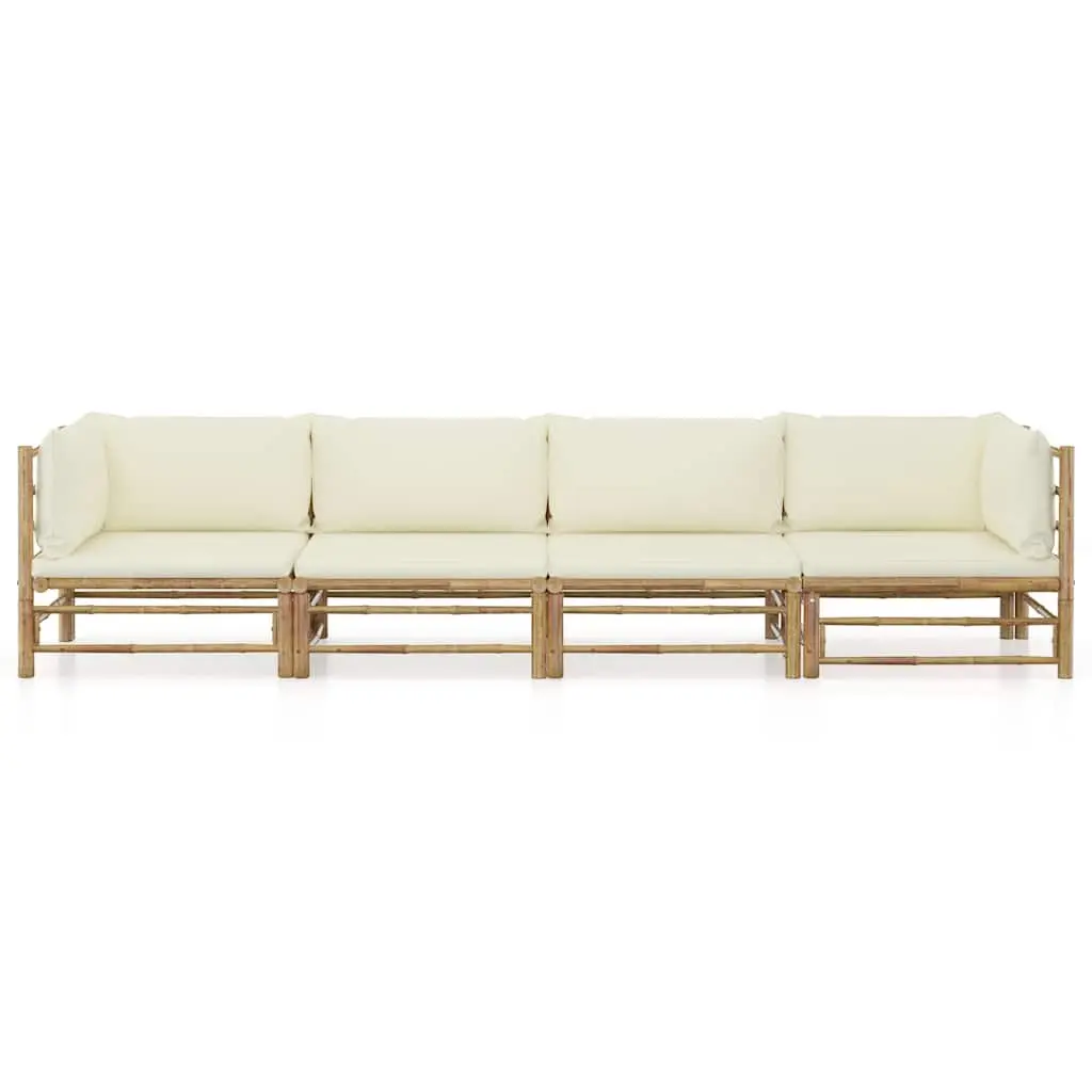 Garden Lounge Set Bamboo Modular Outdoor Furniture 4 Piece with Cushions White