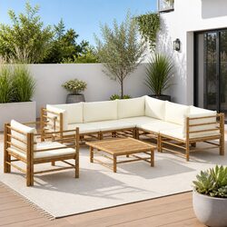 7 Piece Bamboo Garden Lounge Set Outdoor Patio Furniture with Cream Cushions