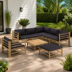 Garden Lounge Set 8 Piece Bamboo Outdoor Furniture Patio Sectional Grey Cushions