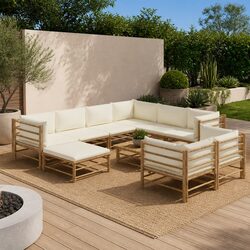 Bamboo Garden Lounge Set 10 Piece Outdoor Furniture with Cream White Cushions