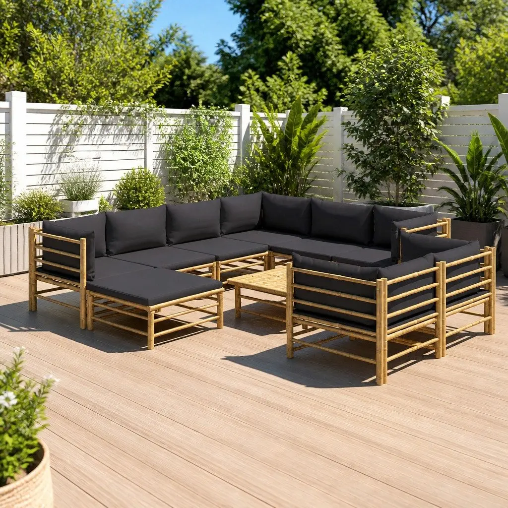 Garden Lounge Set Modular Bamboo 10 Piece Outdoor Furniture with Grey Cushions