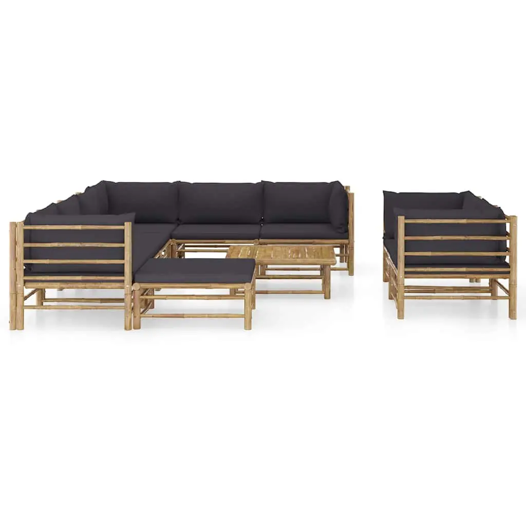 Garden Lounge Set Modular Bamboo 10 Piece Outdoor Furniture with Grey Cushions