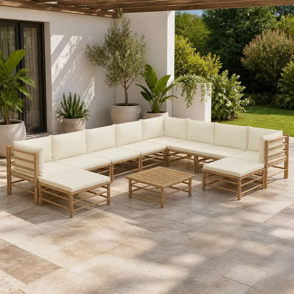 11 Piece Modular Bamboo Lounge Set with Cream Cushions for Outdoor Patio Furniture