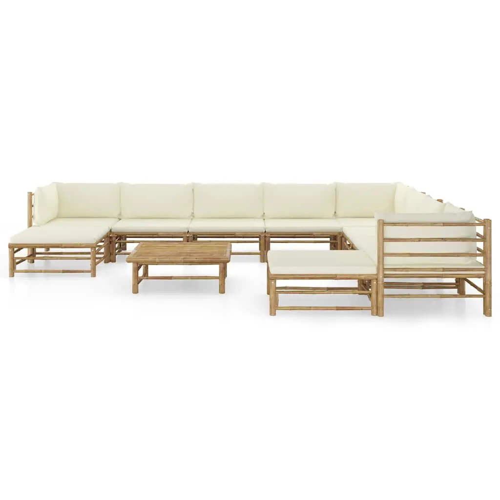 11 Piece Modular Bamboo Lounge Set with Cream Cushions for Outdoor Patio Furniture