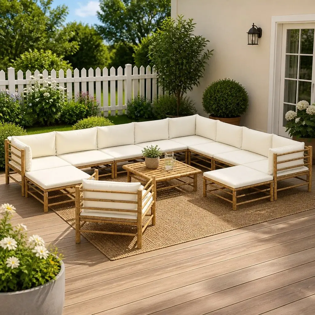 Garden Lounge Set Modular Bamboo 12 Piece with Cream Cushions