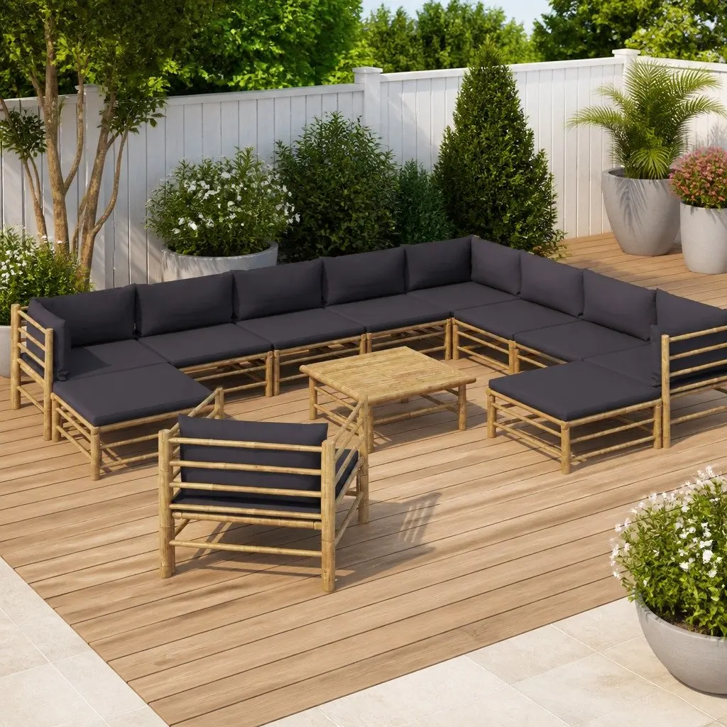 Garden Lounge Set Modular Bamboo 12 Piece Outdoor Furniture Grey Cushions