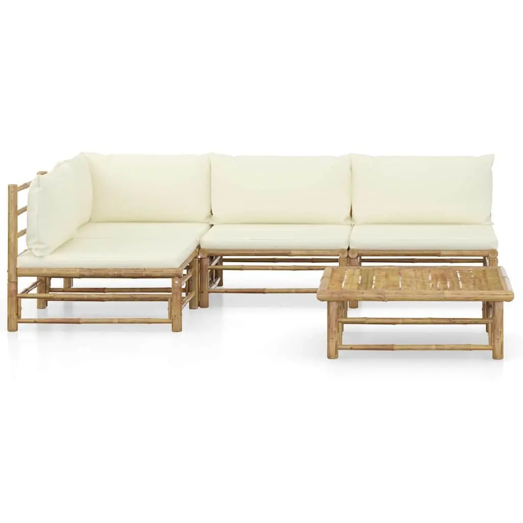 5 Piece Bamboo Garden Lounge Set Outdoor Patio Furniture Cream White Cushions
