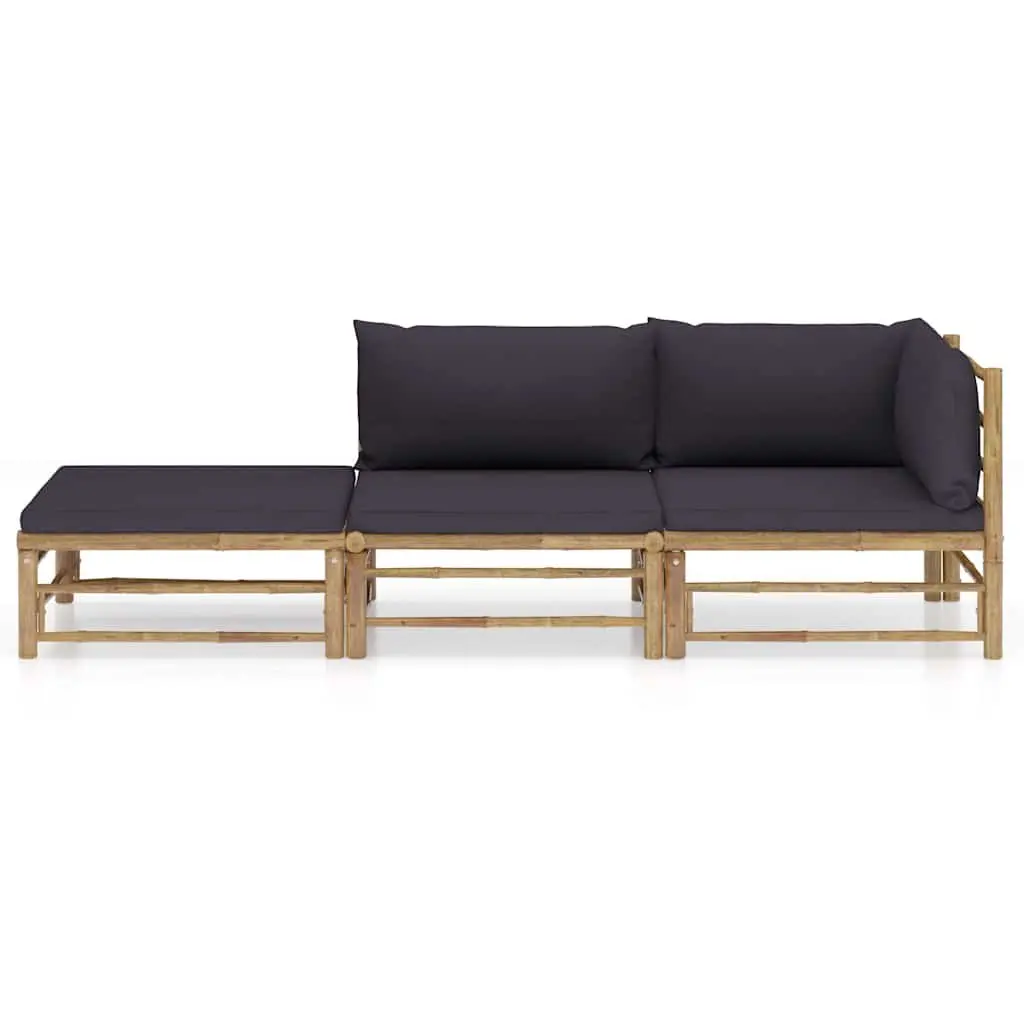 Bamboo Garden Lounge Set 3 Piece Outdoor Furniture Grey Cushions Modular