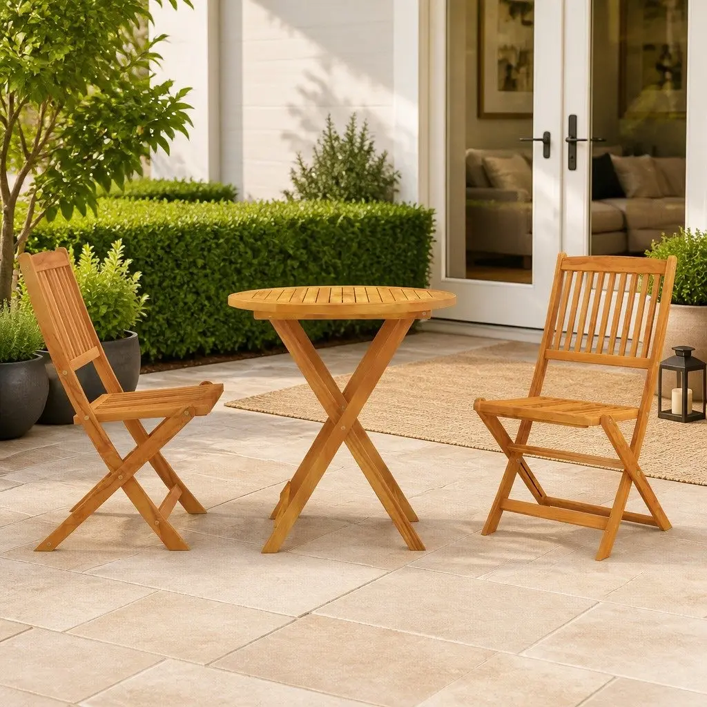 Folding Garden Dining Set Brown Wood 3 Piece