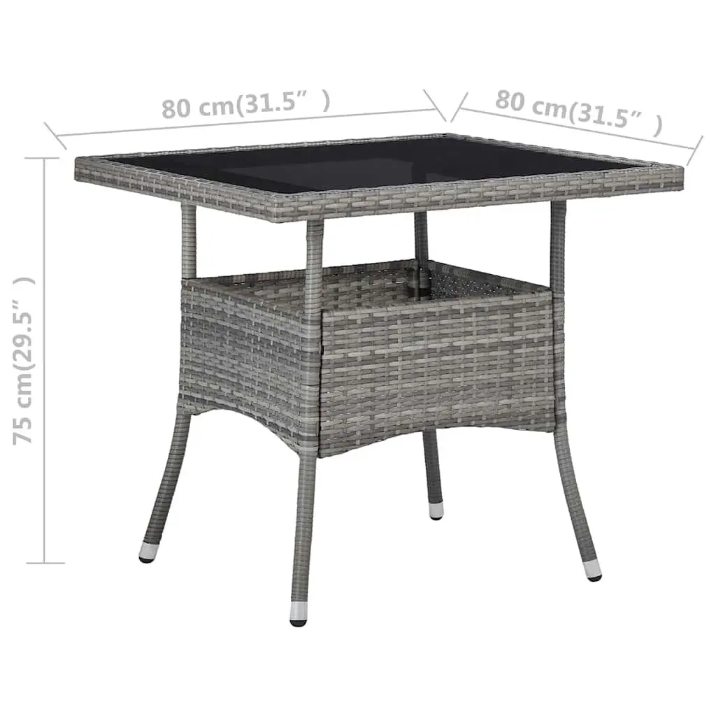 Grey Outdoor Furniture Dining Set 3 Piece Poly Rattan Table with Glass Top and Cushions