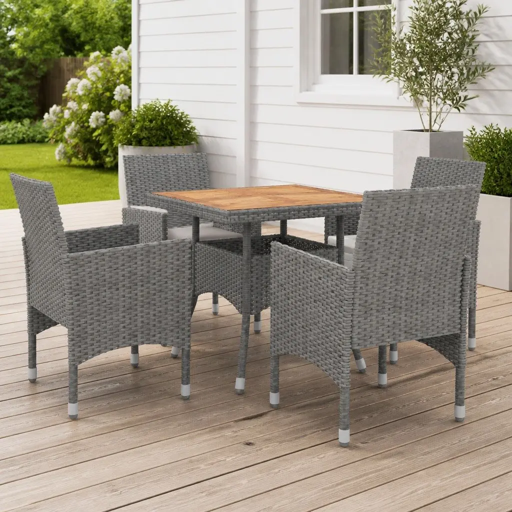 5 Piece Outdoor Dining Set Grey PE Rattan Acacia Wood Table Chairs
