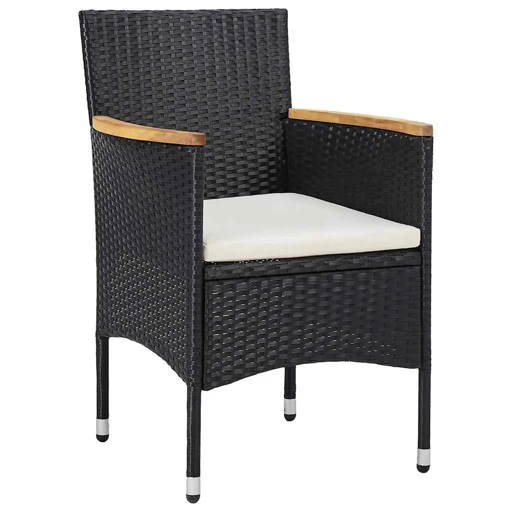 5 Piece Outdoor Dining Furniture Set Black Poly Rattan with Acacia Wood Table and Cushions