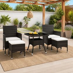 5 Piece Garden Dining Set Outdoor Patio Furniture Black Rattan Glass Table
