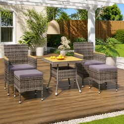 5 Piece Outdoor Dining Set Garden Patio Furniture PE Rattan Acacia Wood Grey