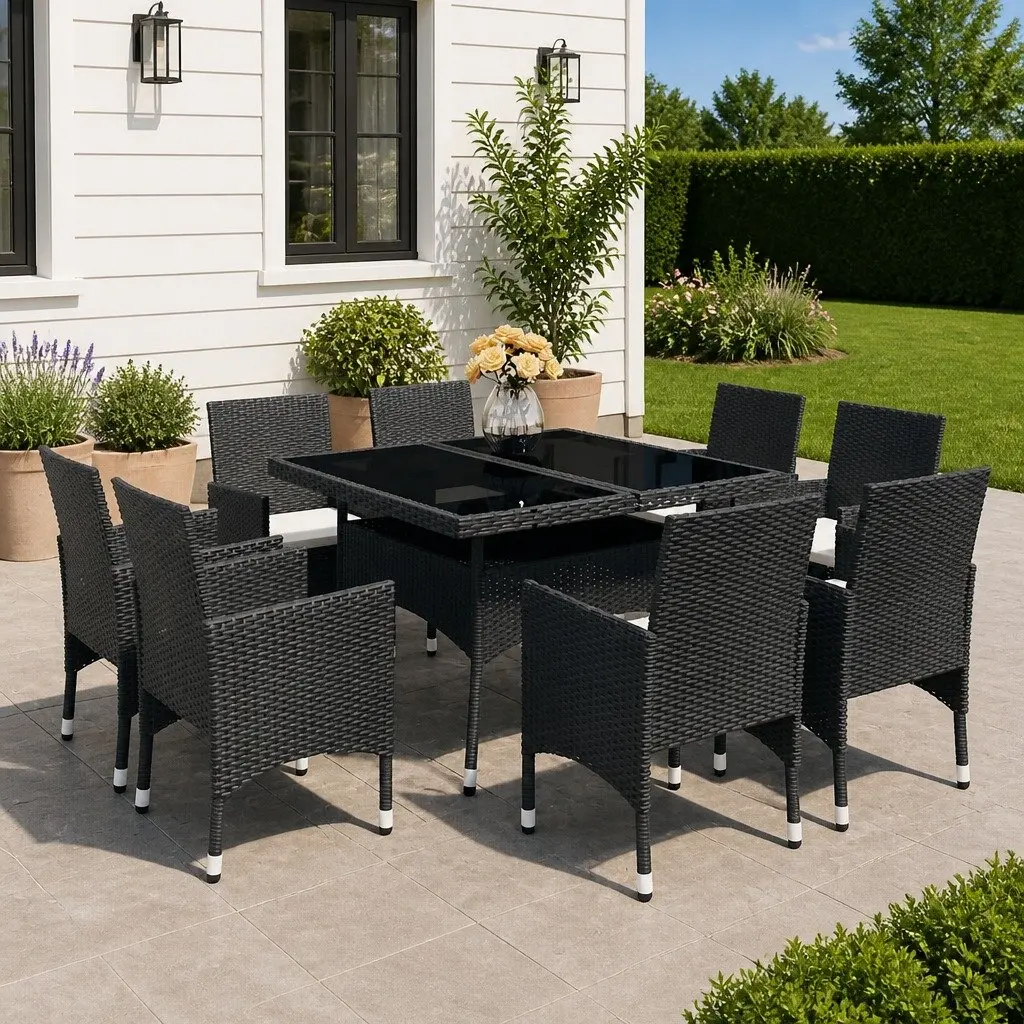 Outdoor Dining Set Glass Top Black Rattan 9 Piece