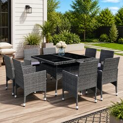 Outdoor Dining Set 9 Piece Garden Furniture PE Rattan Glass Table Chairs Grey