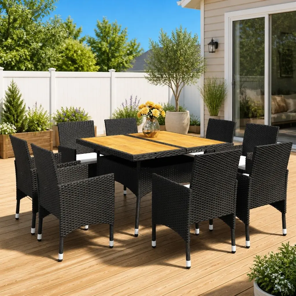 9 Piece Outdoor Dining Set Weather Resistant PE Rattan Acacia Wood Black