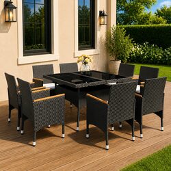 9 Piece Garden Dining Set Outdoor Furniture Poly Rattan Acacia Wood Black