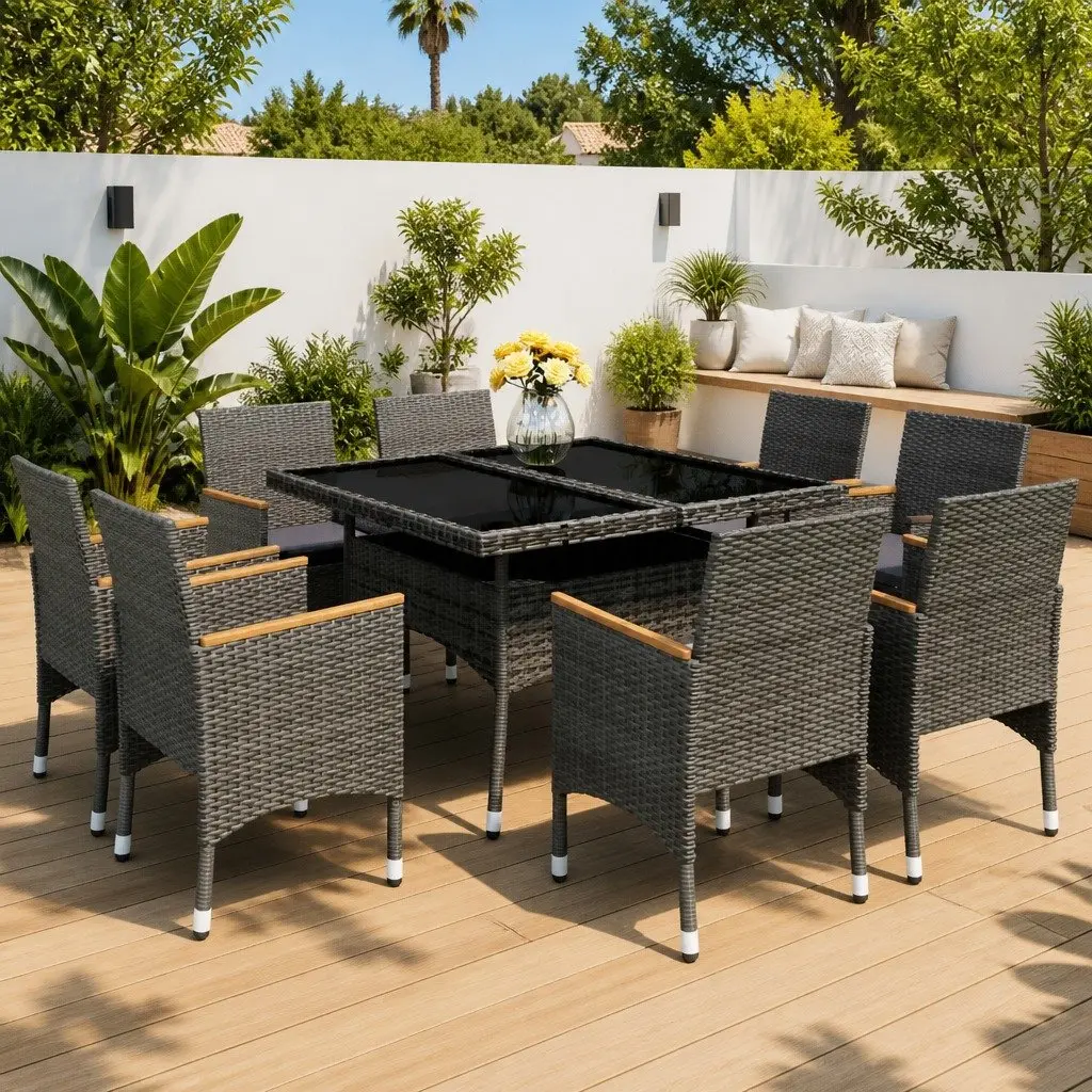 9 Piece Outdoor Dining Set Hand-Woven PE Rattan Acacia Wood Grey