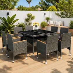 9 Piece Outdoor Dining Set Poly Rattan Acacia Wood Furniture Grey Garden Patio