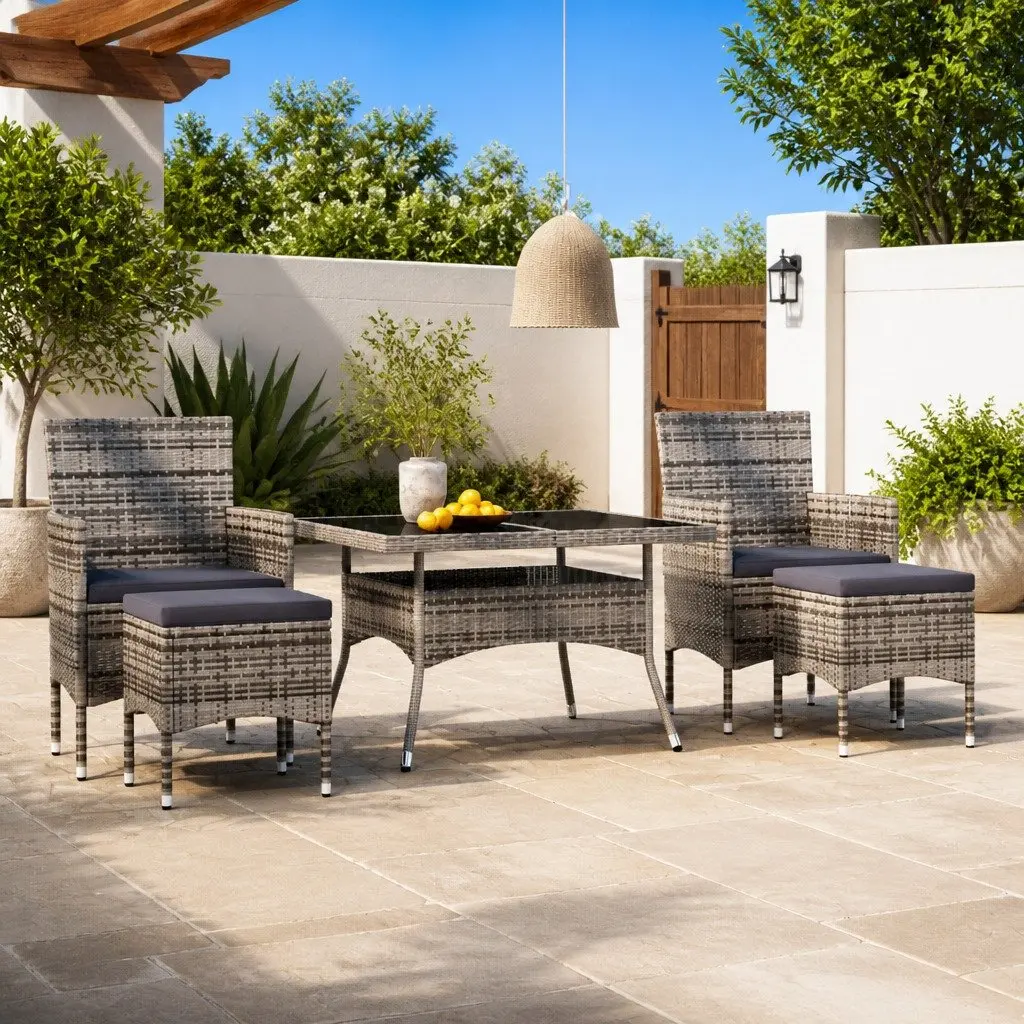 5 Piece Garden Dining Set Weather-Resistant PE Rattan Tempered Glass Table Chairs Grey