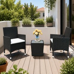 3 Piece Outdoor Bistro Set Black Poly Rattan Chairs Table Patio Garden Furniture