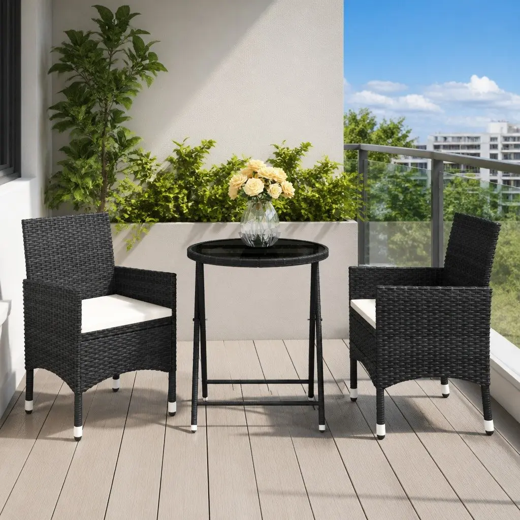 3 Piece Garden Bistro Set Outdoor Furniture Poly Rattan Chairs Table Black
