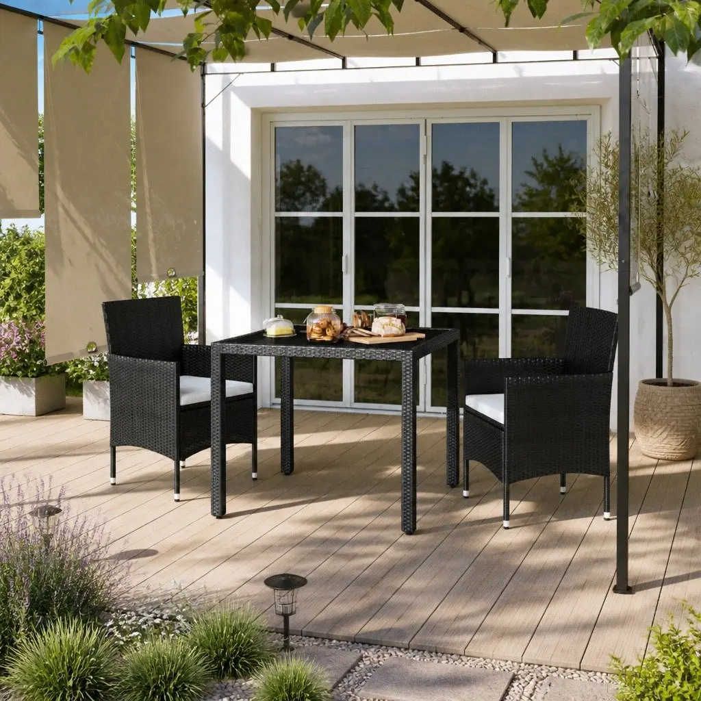 Outdoor Dining Set Rattan Chairs and Table with Glass Top 3 Piece Black