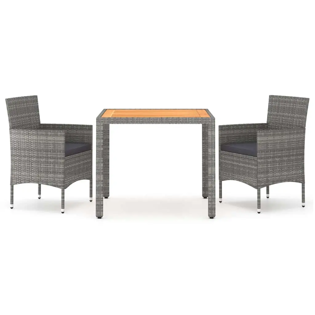 Outdoor Dining Set Grey 3 Piece Acacia Wood Table and PE Rattan Chairs with Cushions