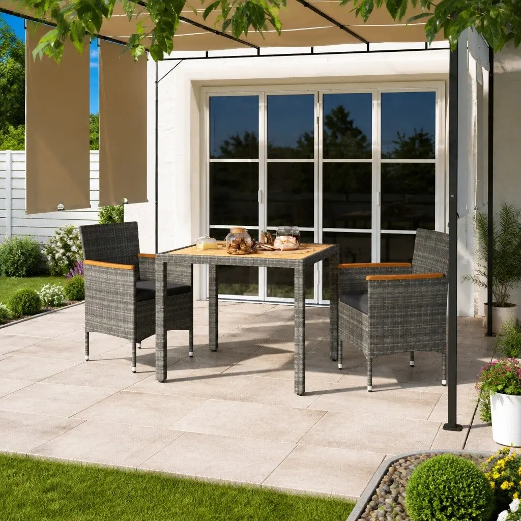 Garden Dining Set Grey Rattan Wood Table Chairs 3 Piece