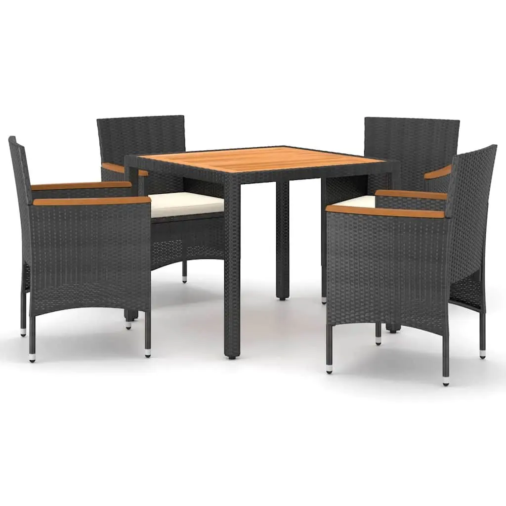 5 Piece Outdoor Patio Dining Set Lightweight Black PE Rattan Acacia Wood Table and Chair with Curved Backrest and Cushions