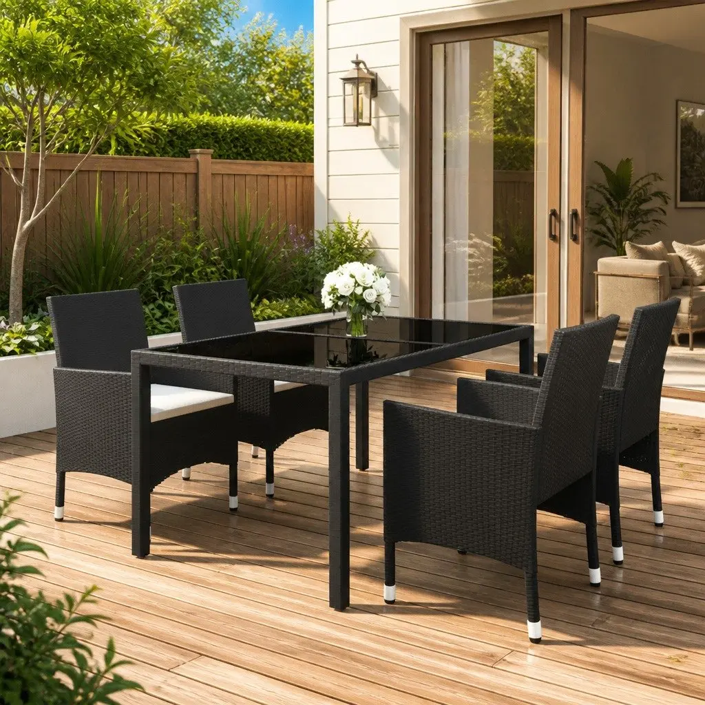 5 Piece Outdoor Dining Set Weather Resistant Poly Rattan Glass Top Black