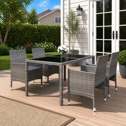 5 Piece Garden Dining Set Outdoor Patio Rattan Table Chairs Tempered Glass Grey