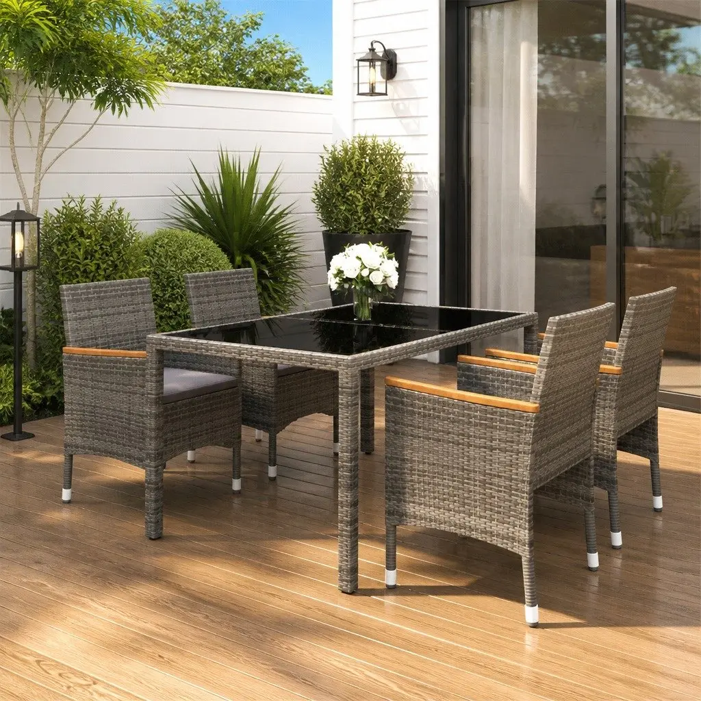Garden Dining Set 5 Piece Grey Rattan Outdoor Furniture Patio Table Chairs