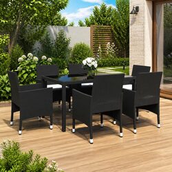 7 Piece Garden Dining Set Outdoor Patio Furniture PE Rattan Tempered Glass Table