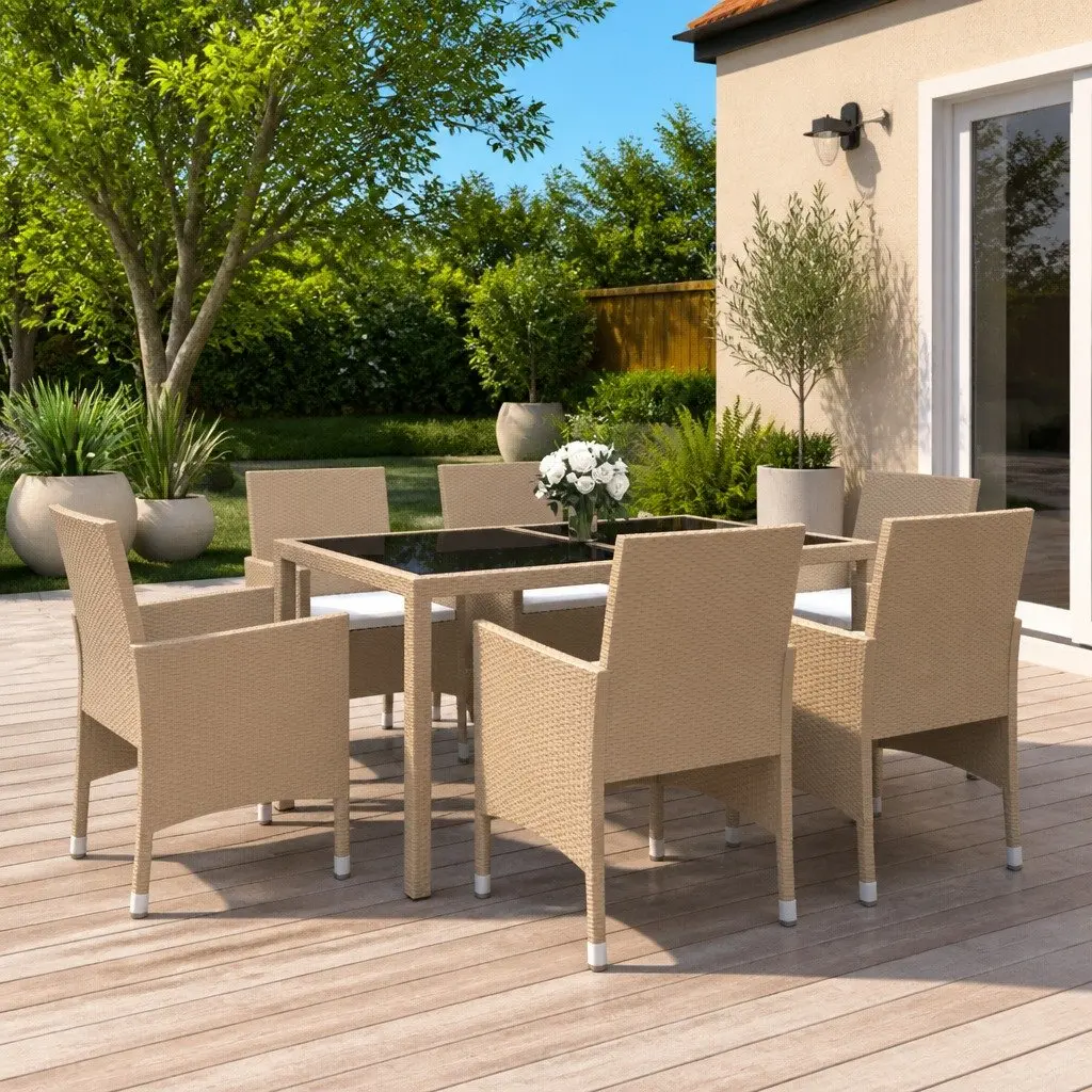 7 Piece Garden Dining Set Outdoor Furniture Poly Rattan Tempered Glass