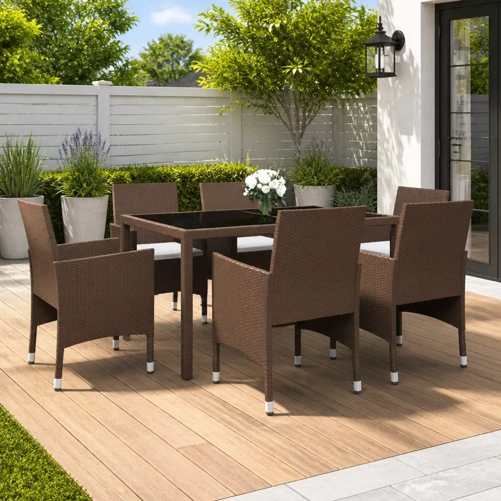 7 Piece Garden Dining Set PE Rattan Tempered Glass Table Outdoor Furniture