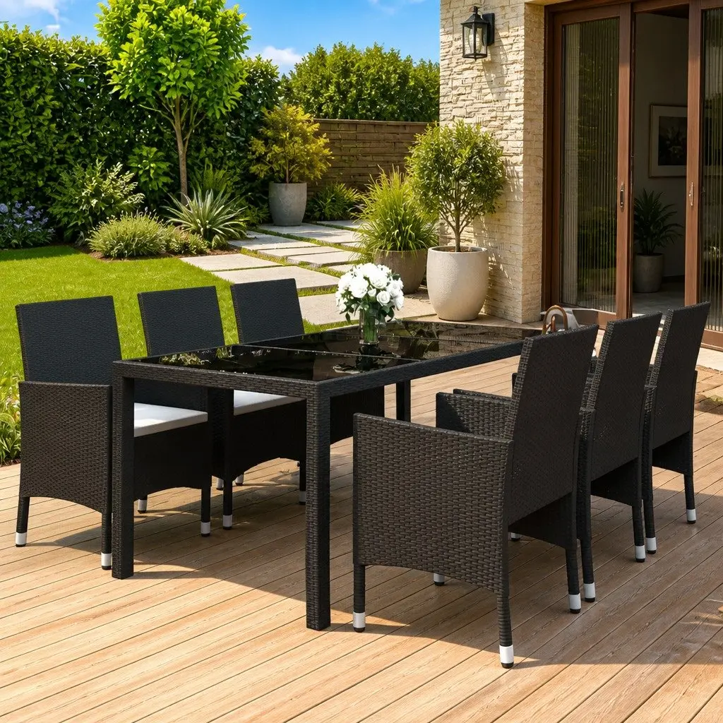 7 Piece Garden Dining Set Poly Rattan Tempered Glass Table and Chairs Black