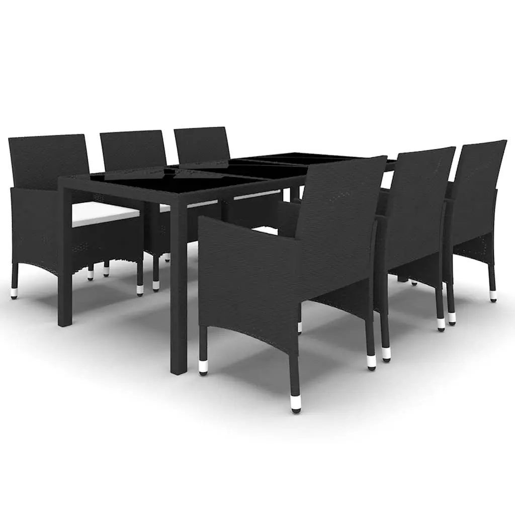 7 Piece Garden Dining Set Poly Rattan Tempered Glass Table and Chairs Black