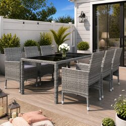 7 Piece Garden Dining Set Rattan Glass Table Chairs Patio Outdoor Furniture Grey