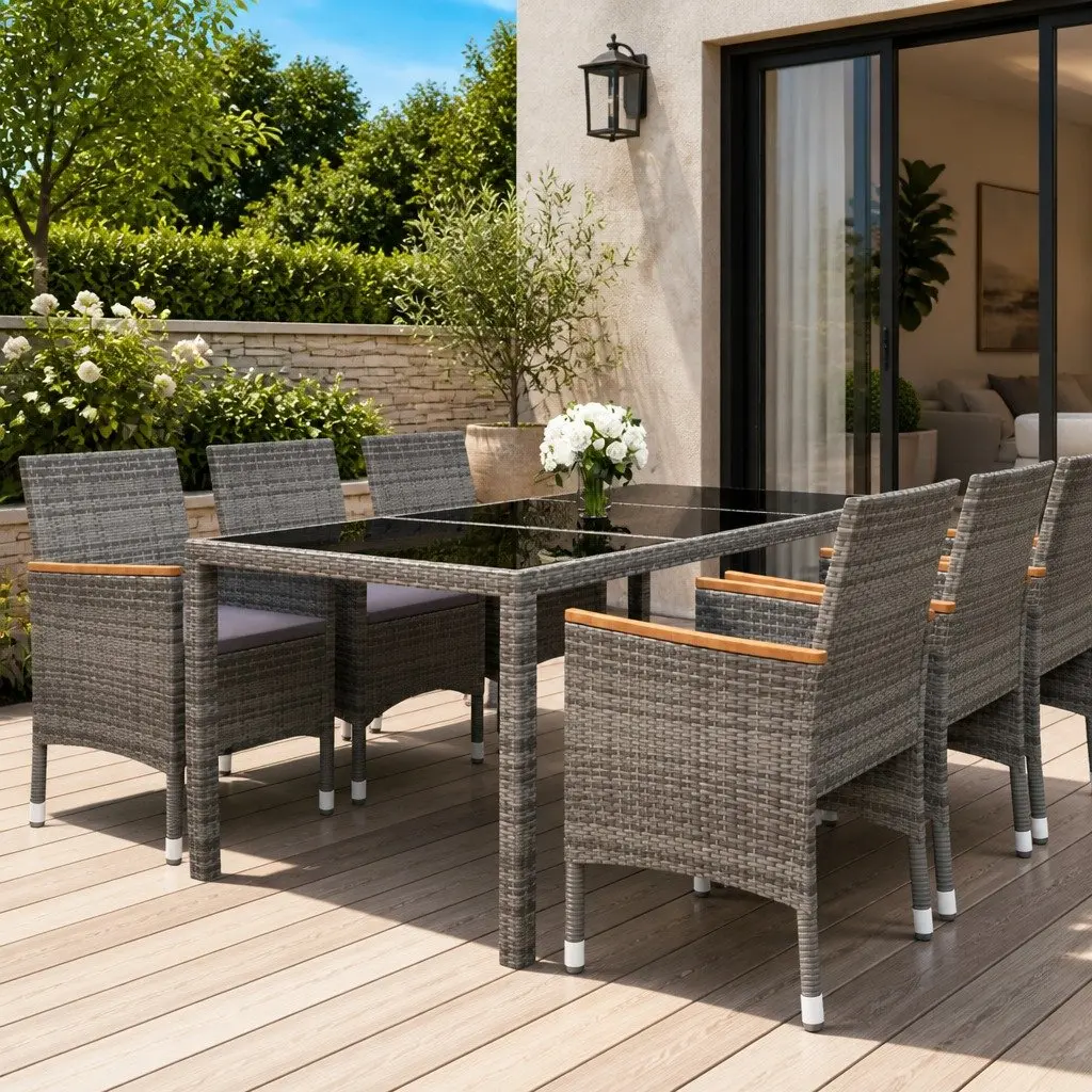 7 Piece Outdoor Patio Dining Set Grey PE Rattan with Tempered Glass Table and Ergonomic Chairs