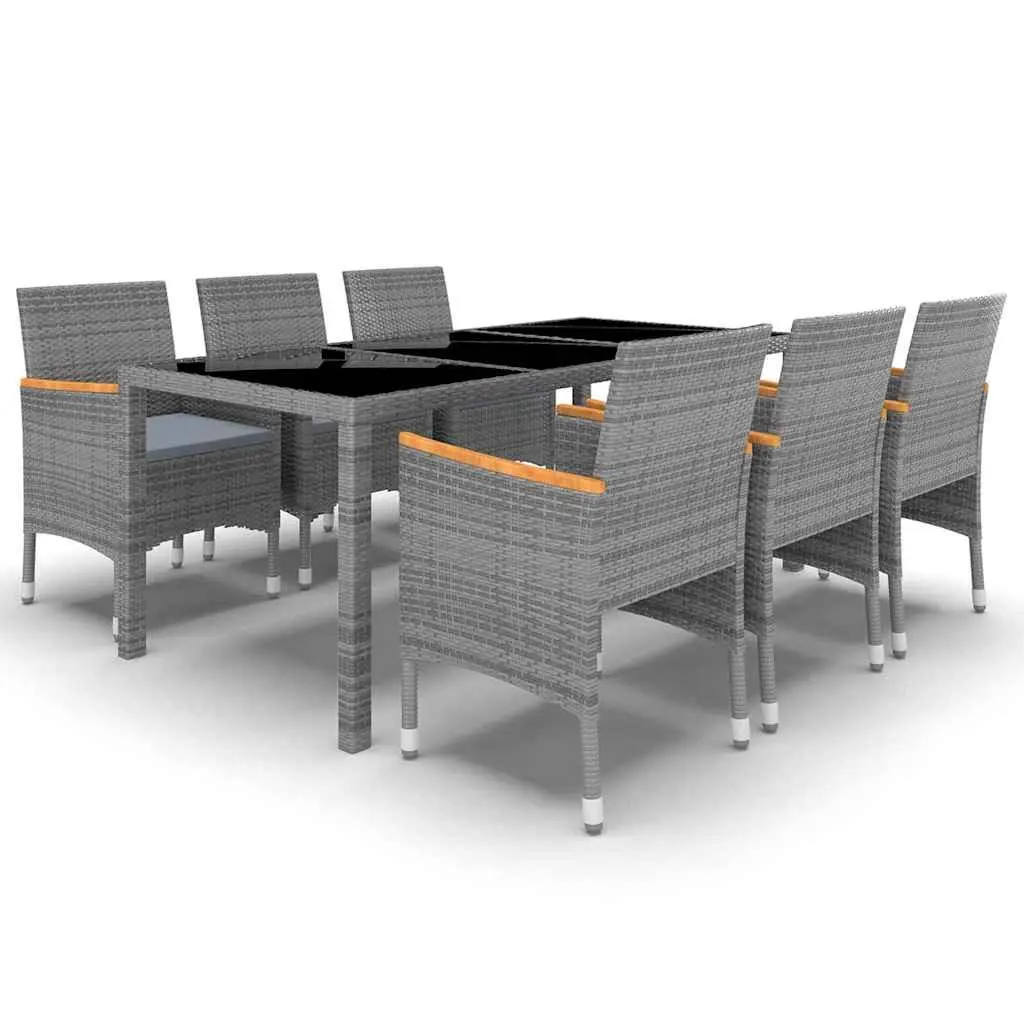 7 Piece Outdoor Patio Dining Set Grey PE Rattan with Tempered Glass Table and Ergonomic Chairs