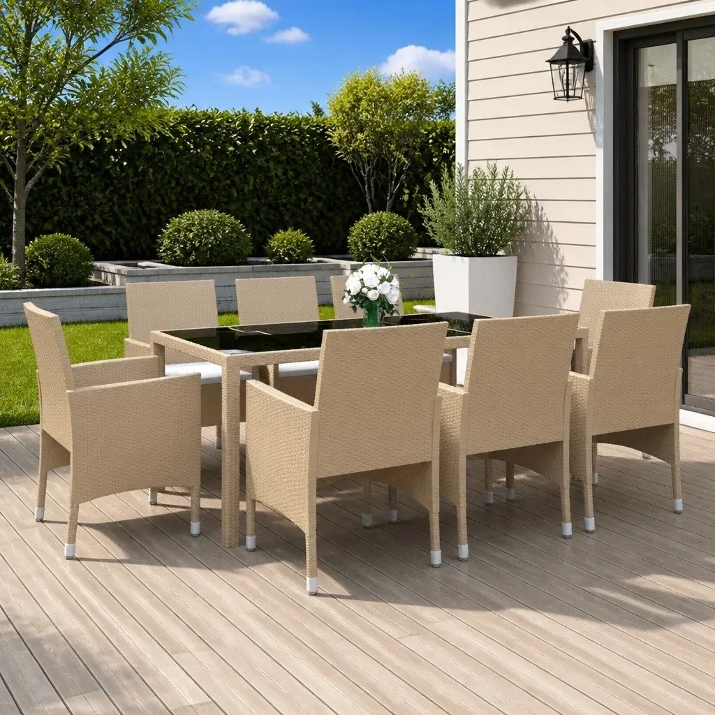 9 Piece Rattan Outdoor Garden Dining Set Beige with Cushions and Tempered Glass Table