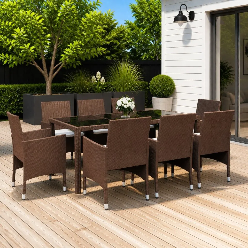 Outdoor Dining Set 9 Piece Brown PE Rattan Table and Chairs for Patio Garden Use