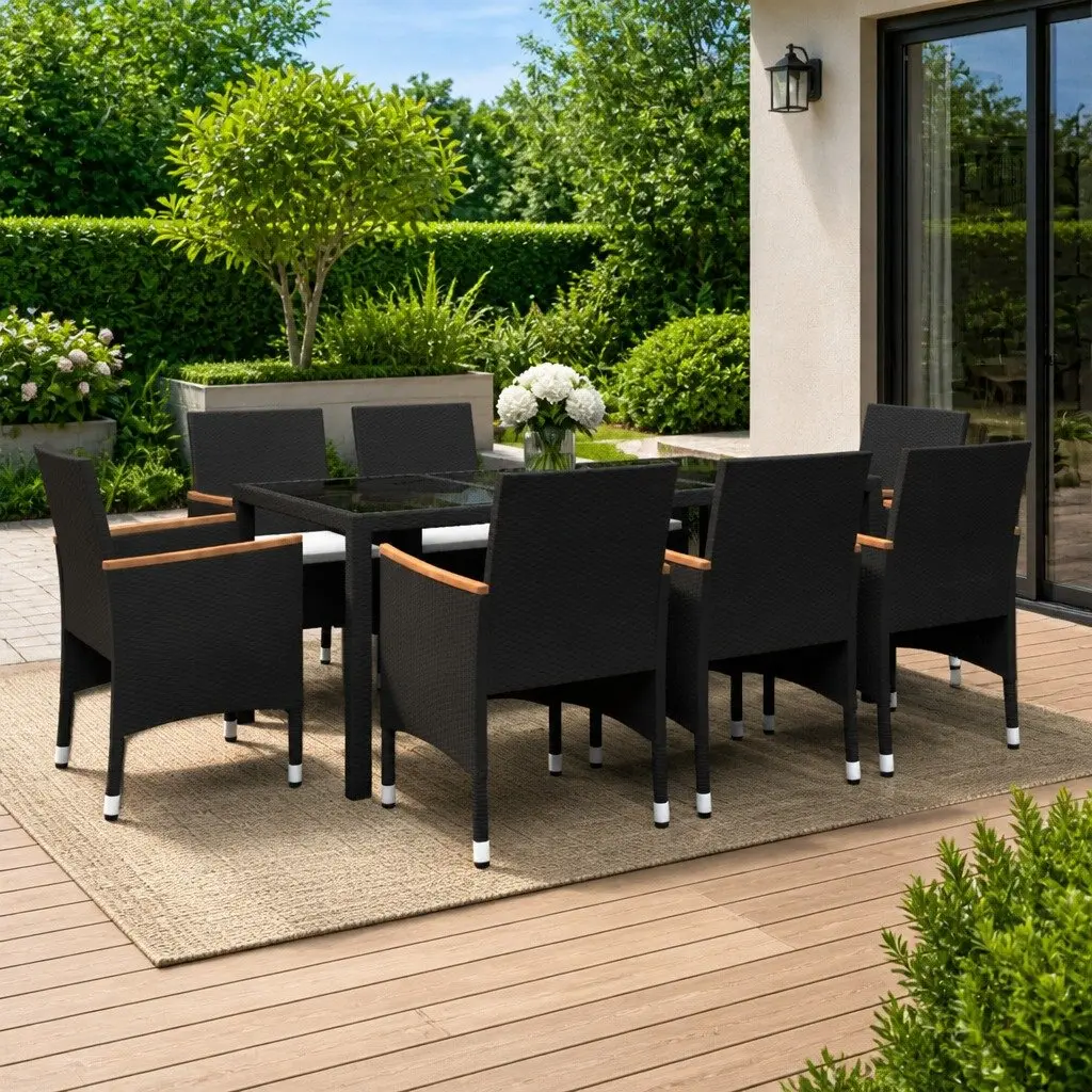 Outdoor Patio Furniture Set 9 Piece Black PE Rattan Chairs and Table